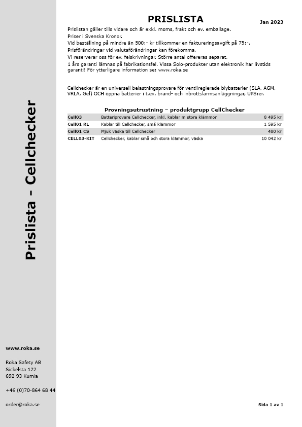 ROKA-Prislista-Provningsprodukter-Blybatterier-CellChecker-230101
